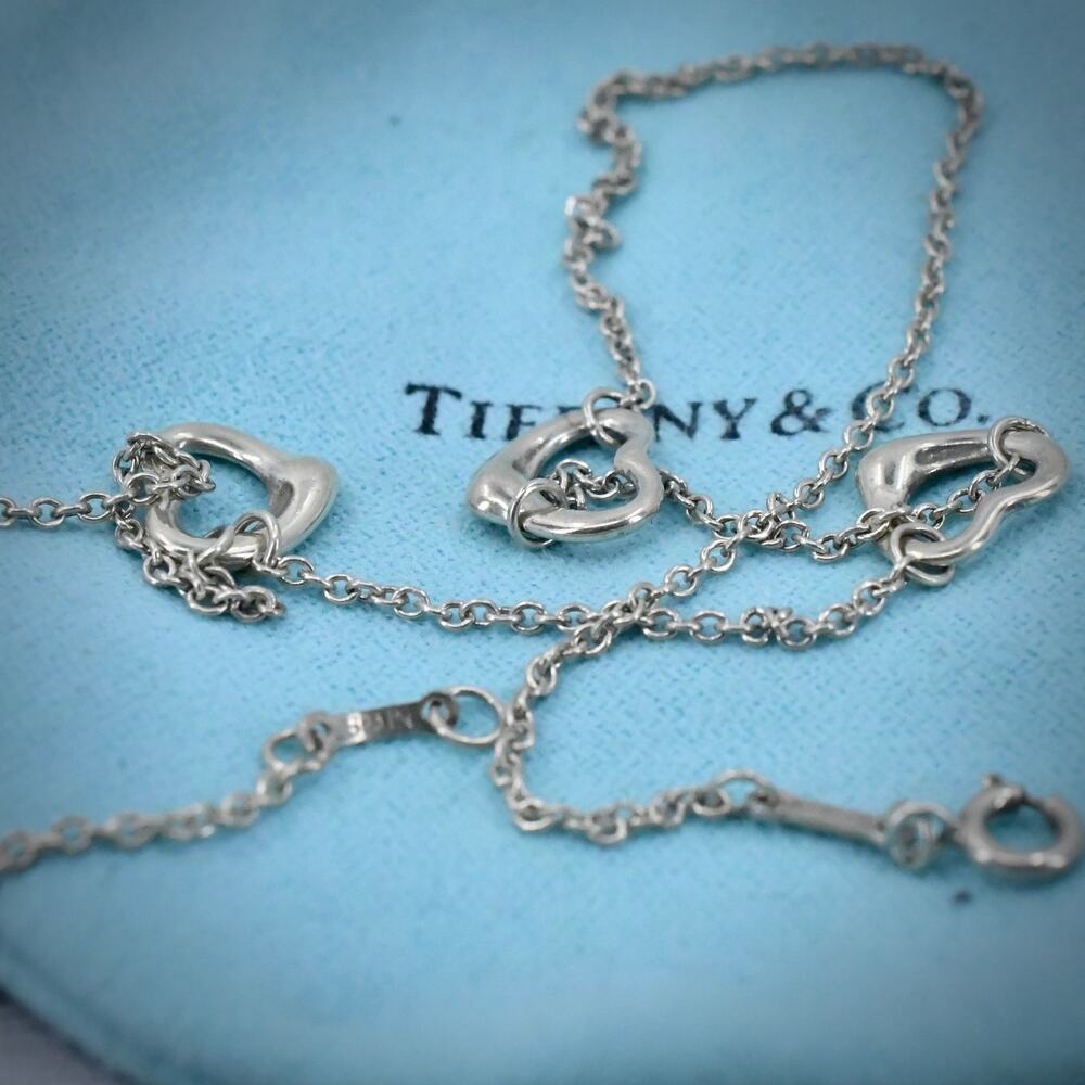 Tiffany & Co. Elsa Peretti Triple 3 Heart Necklace 925 Silver Spain 16" - Picture 7 of 9